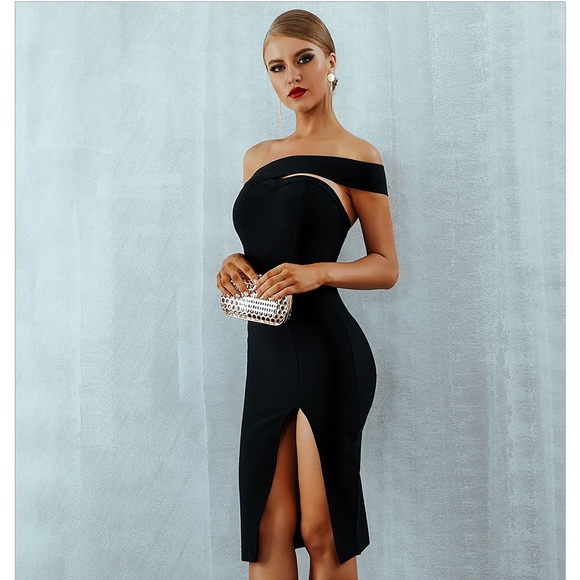 MBM Unlimited Dresses & Skirts - Bandage Cut Out One Shoulder Sexy Slit Bodycon Pencil Dress Black